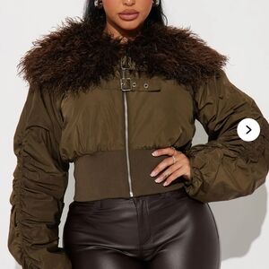 Fashion Nova Olive Brown Puffer Jacket with Fur Collar